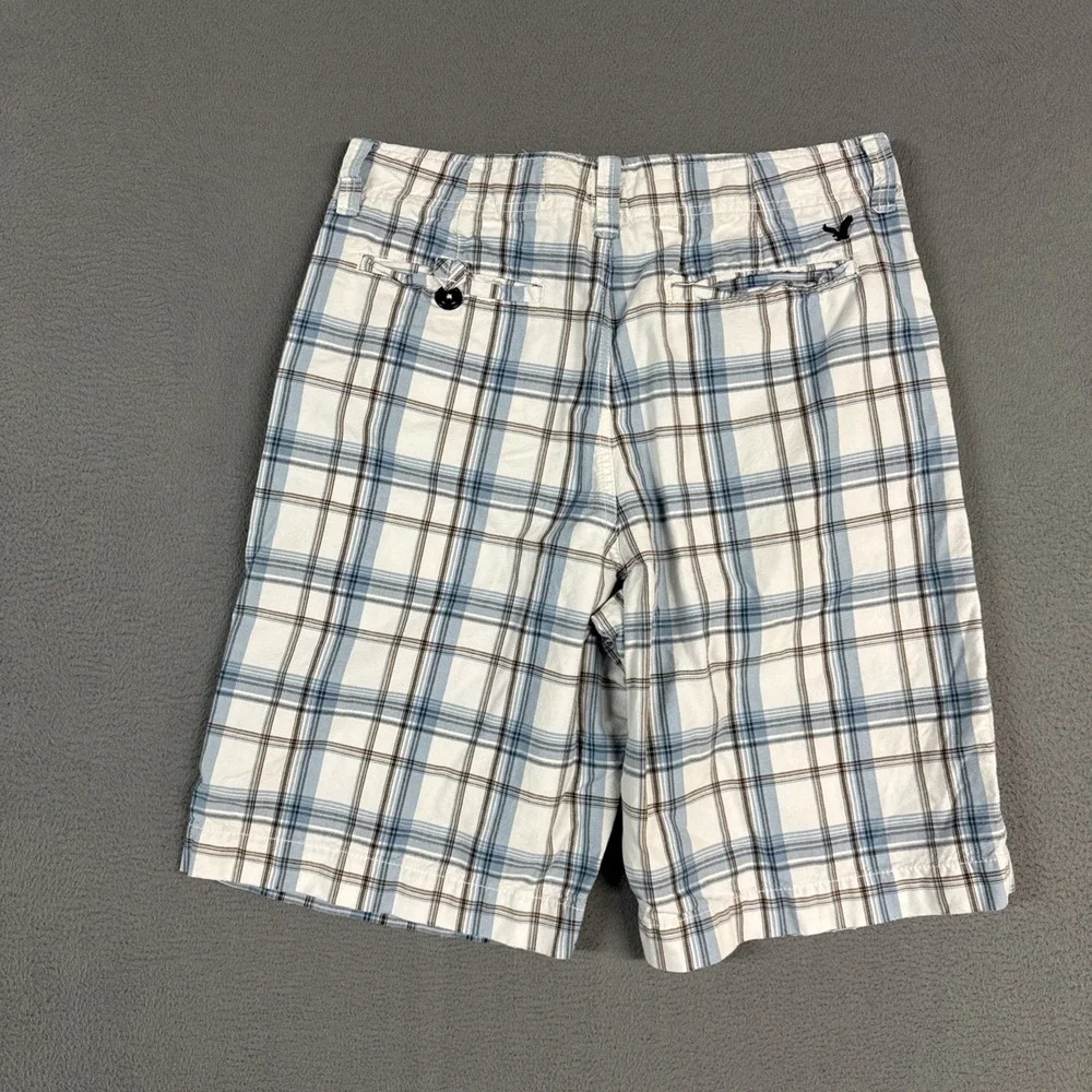 American Eagle Shorts Mens 32 White Blue Plaid Longer Length Cotton Vintage Y2K